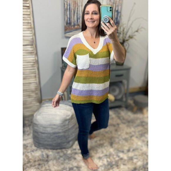 🎭Mardi Gras Deep V Neck Loose Striped Sweater Shirt Purple Green & Gold 5021 - Picture 7 of 8